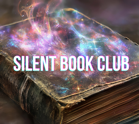 Promotional graphic for Silent Book Club with a cosmic-themed book cover.
